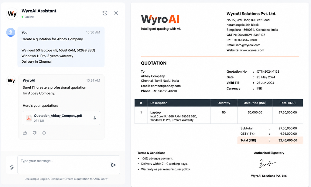 WYROAI AI Assistant interface showcasing conversational quotation generation - Step 1
