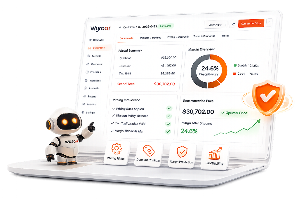 WYROAI AI Pricing Intelligence dashboard showing margins, optimal pricing, and pricing rules on a laptop with the robot mascot
